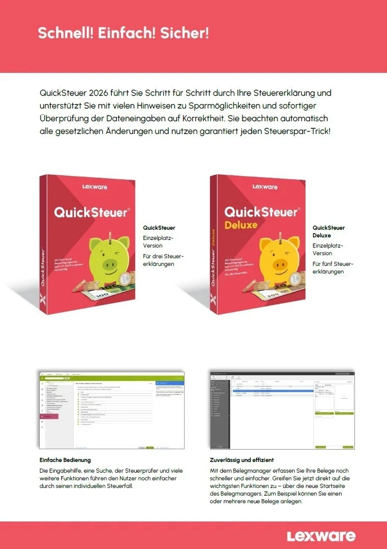 Lexware QuickSteuer 2026 | Steuerjahr 2025 | 3 Steuererklärungen | ESD