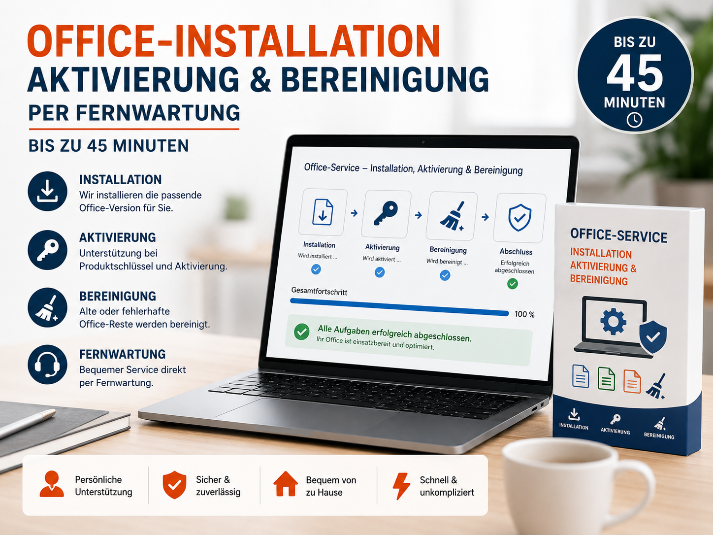 Office-Installation, Aktivierung & Bereinigung per Fernwartung – bis zu 45 Minuten