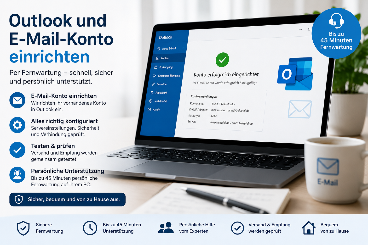 Outlook und E-Mail-Konto einrichten per Fernwartung (45min)